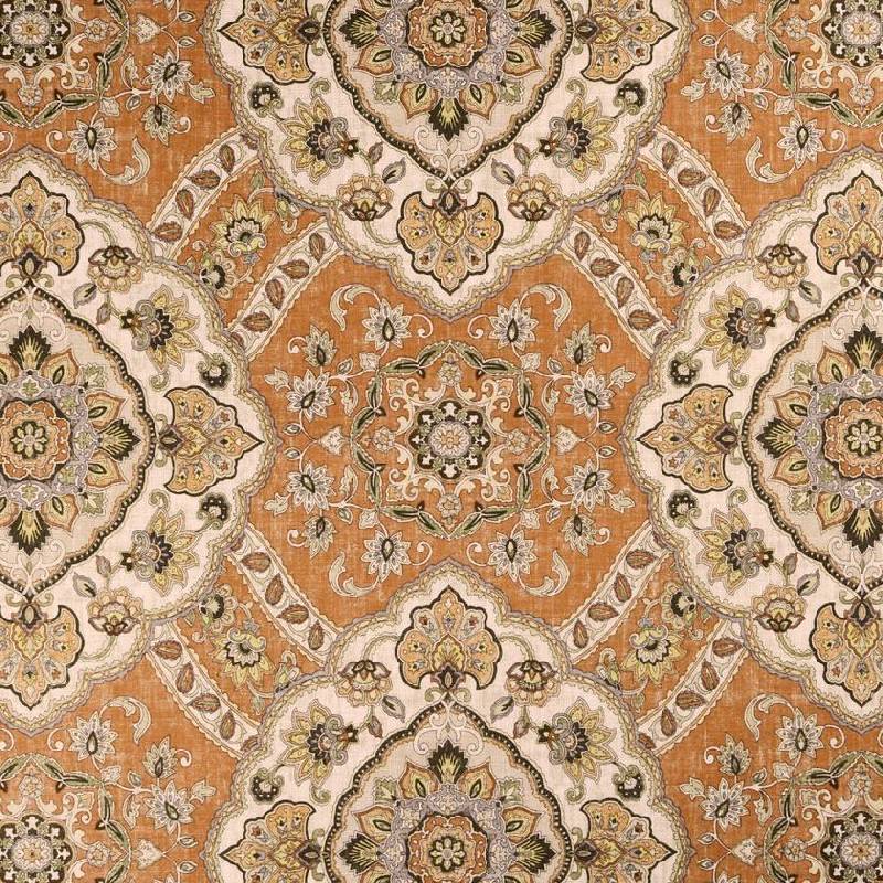 Close-up view of a terracotta-colored fabric with a floral pattern| Beautiful Windows Elgin