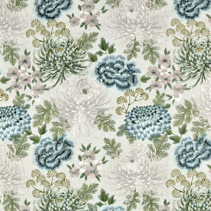 Fabric featuring a floral pattern with various flowers embroidered in dull grey, blue, green, and beige colors on a light background| Order online at BeautifulWindowsElgin.com