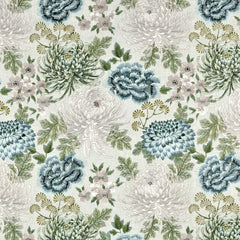 Fabric featuring a floral pattern with various flowers embroidered in dull grey, blue, green, and beige colors on a light background| Order online at BeautifulWindowsElgin.com