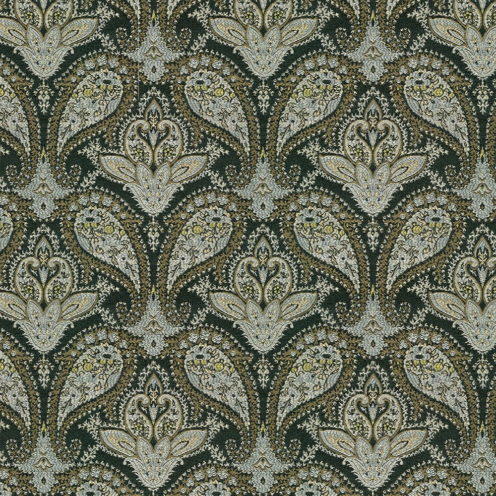 A paisley patterned upholstery fabric in various shades of gray and green| Order online at BeautifulWindowsElgin.com