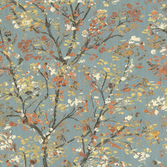 fabric featuring a floral pattern with various shades of blue, orange, and white| Order online at BeautifulWindowsElgin.com