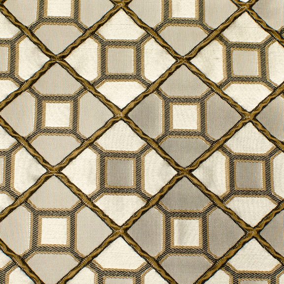 light brown drapery fabric with a geometric ogee pattern and golden accents| Offered by Beautiful Windows Elgin, a trusted U.S. online fabric store, based in Columbia, SC.