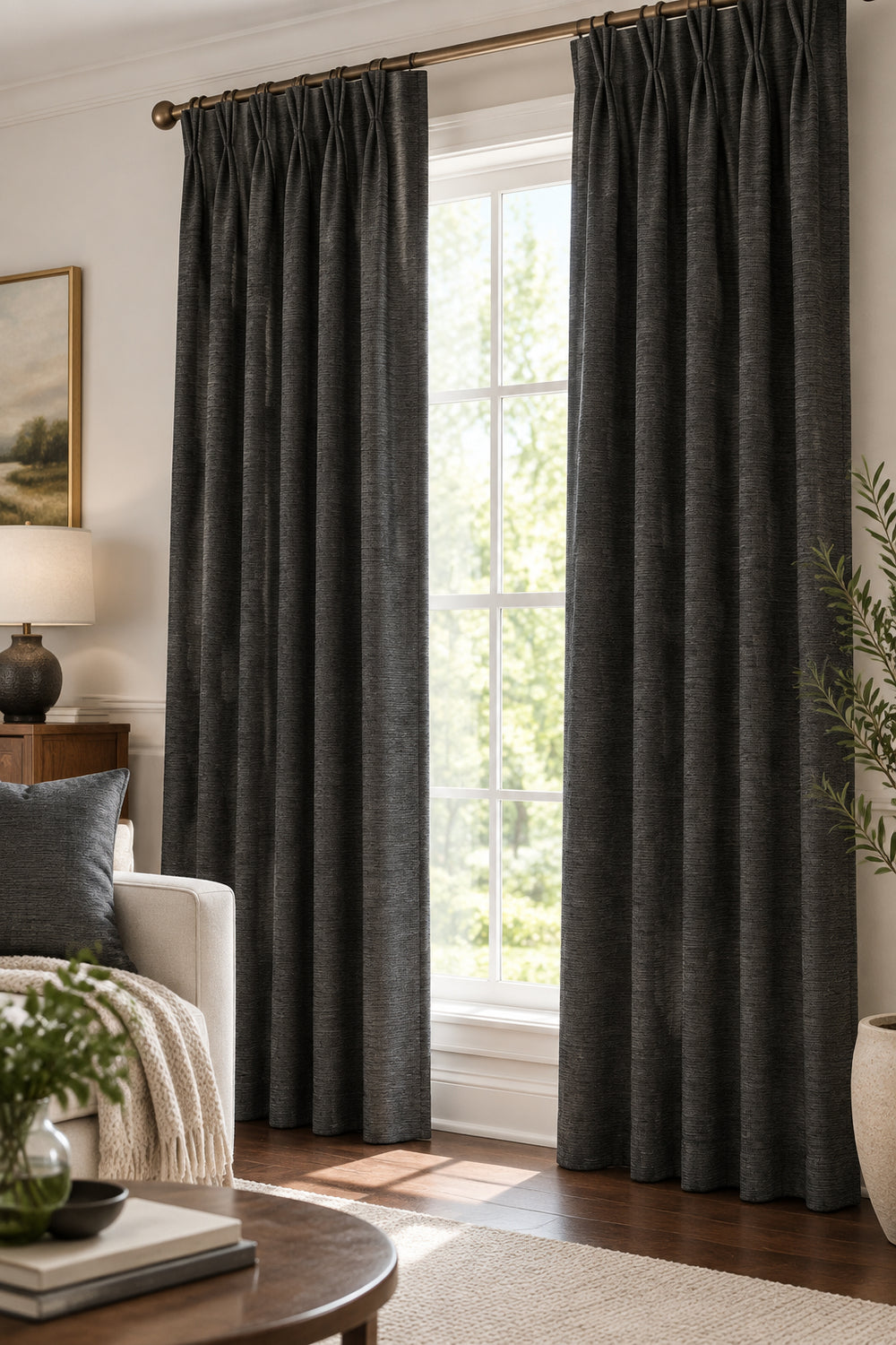 Close-up texture of a black pinch pleat curtain panel.