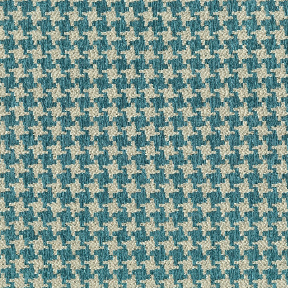 Turquoise upholstery fabric with a hound's-tooth pattern| Offered by BeautifulWindowsElgin.com—A trusted U.S. online fabric store