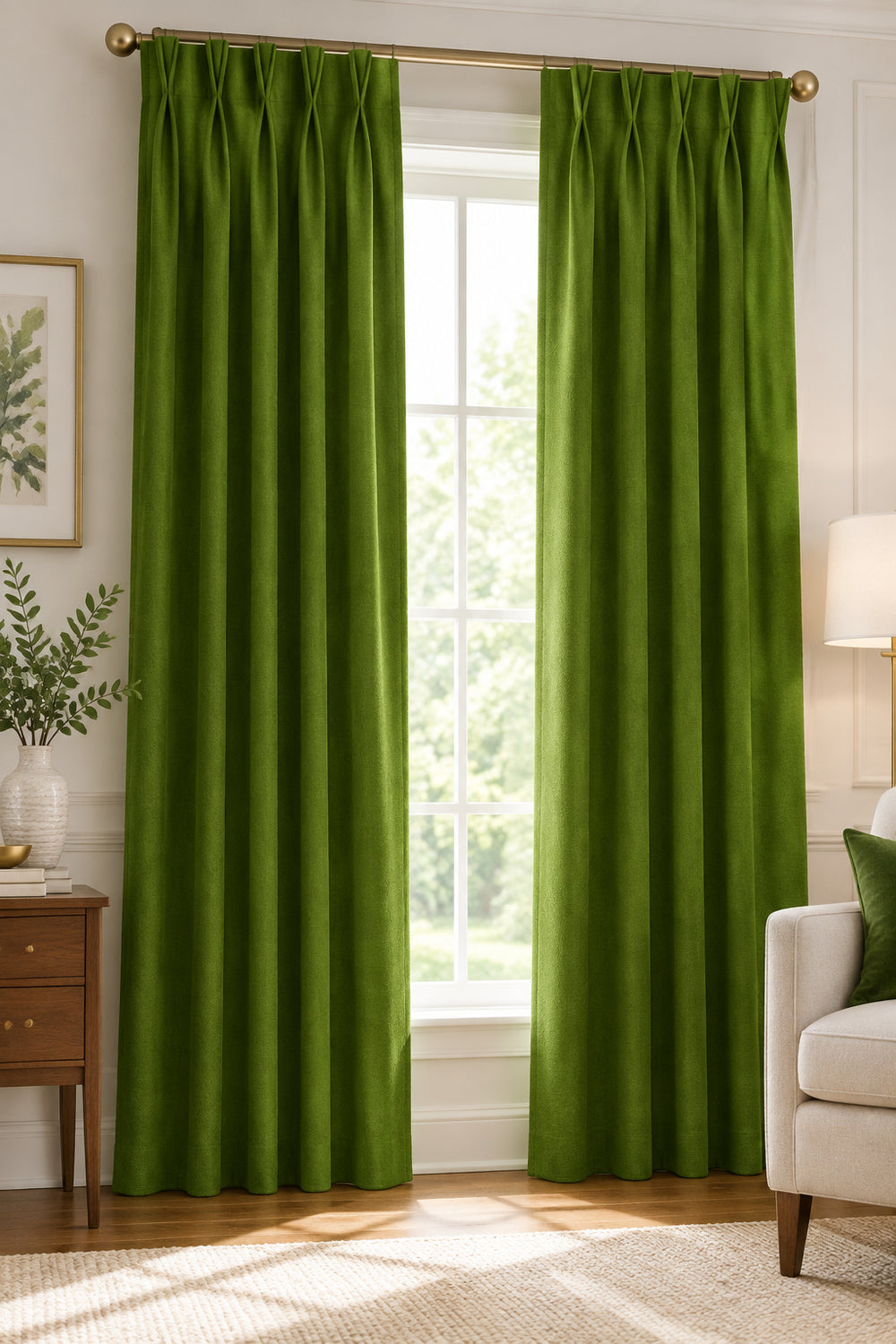Close-up view of emerald green shantung drapery fabric texture.