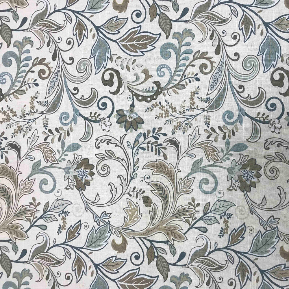Close-up view of a paisley pattern fabric with a design in warm grey and blue colors, suitable for drapery and decorative applications | Beautiful Windows Elgin