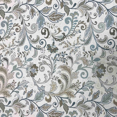 Close-up view of a paisley pattern fabric with a design in warm grey and blue colors, suitable for drapery and decorative applications | Beautiful Windows Elgin