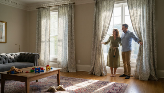 Couple adjusting custom drapes in living room
