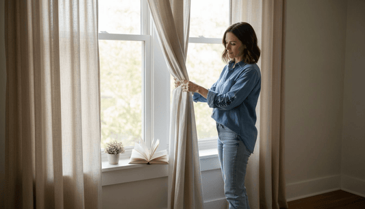 Woman adjusting cotton drapery in sunlit living room
