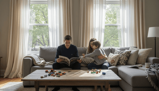 Family relaxing near custom living room drapes