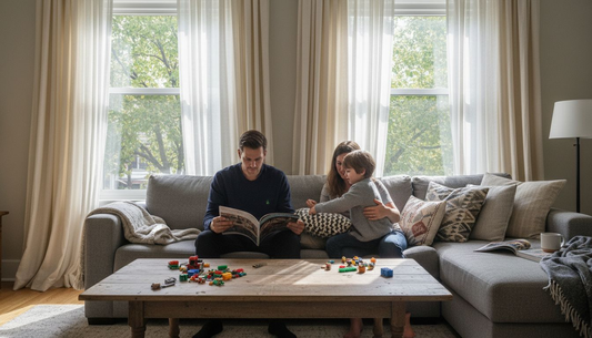 Family relaxing near custom living room drapes
