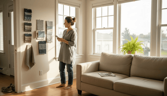 Woman evaluating curtain swatches in sunny living room