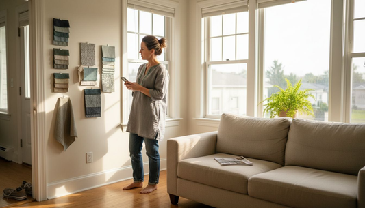 Woman evaluating curtain swatches in sunny living room