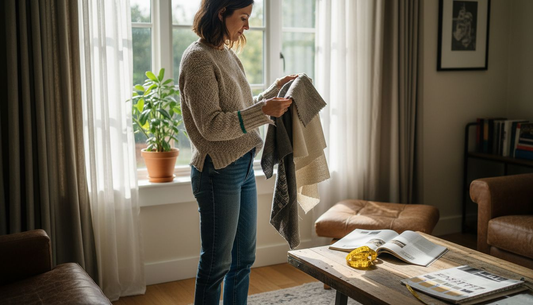 Homeowner comparing window fabric swatches