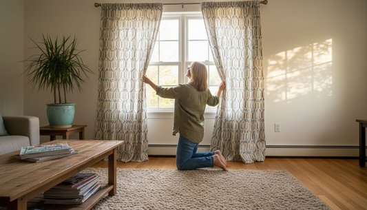Woman installs ready-made curtains in living room