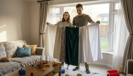 Couple comparing multiple curtain fabric samples at window