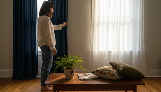 Woman comparing drapes and curtains in living room