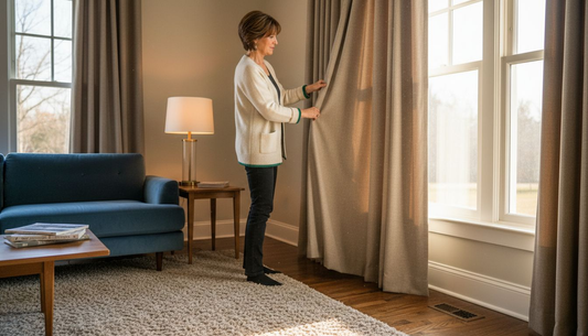 Homeowner adjusting custom living room drapes