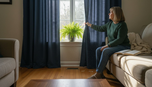Woman adjusting curtains in home living room