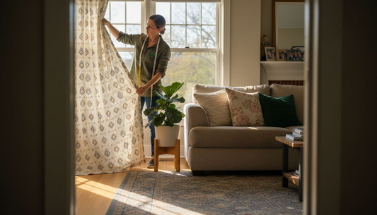 Designer selecting drapery fabric by window