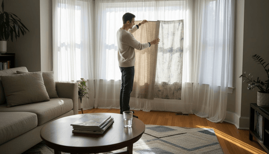 Homeowner comparing drapery fabrics at window