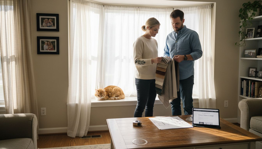 Homeowners compare fabric swatches for window treatments