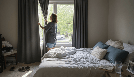 Homeowner adjusting blackout curtains in bedroom