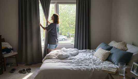 Homeowner adjusting blackout curtains in bedroom