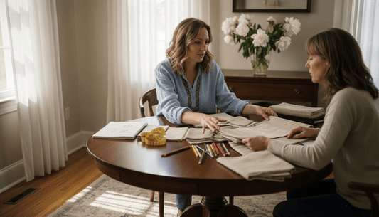 Drapery consultant reviewing fabrics with homeowner