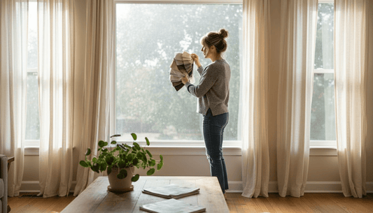 Homeowner testing curtain fabric samples in living room