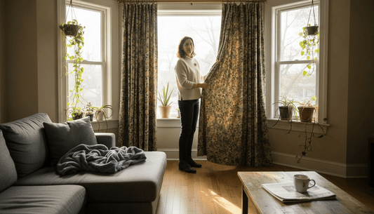 Adjusting energy-saving drapery in sunny living room