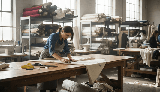 Seamstress measuring fabric in busy workroom
