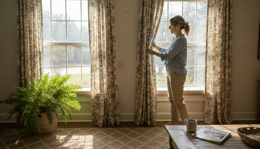 Woman adjusts custom curtains in sunlit living room