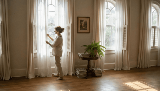Homeowner adjusting window treatments in Charleston
