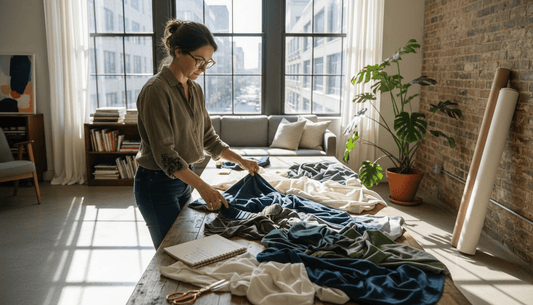 Designer choosing curtain fabric samples