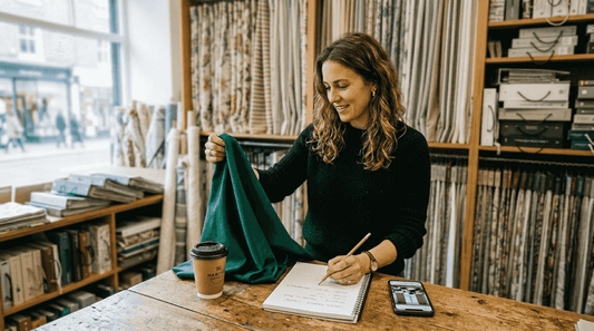 Designer browsing fabric samples in fabric showroom