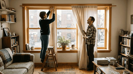 Couple hanging cotton curtains in sunlit room
