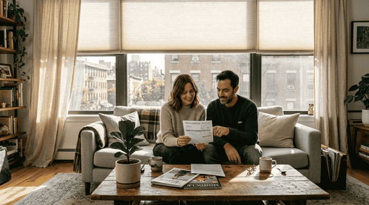 Couple reviewing energy bill in window treatment-filled room