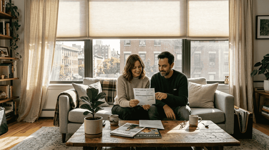 Couple reviewing energy bill in window treatment-filled room