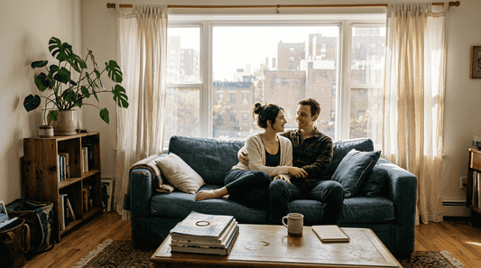 Couple in living room with cotton drapery