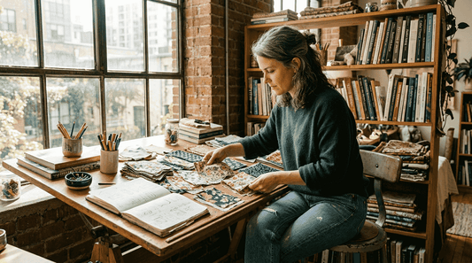 Designer sorting fabric swatches in studio