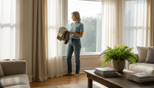 Woman comparing curtain fabric by window