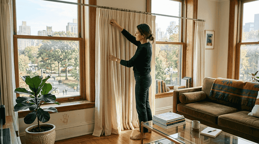 Woman arranging pleated curtains in bright living room