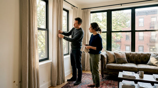 Couple adjusting custom curtains in living room