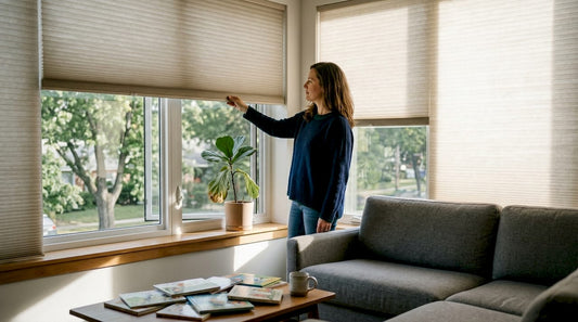 Woman adjusting window shades in lived-in living room