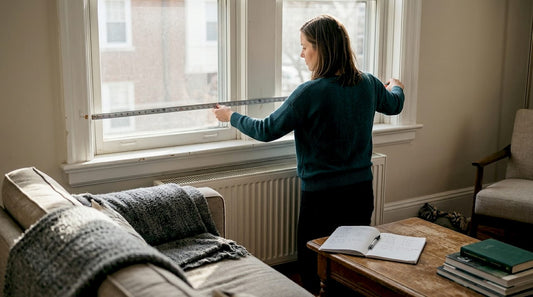 Woman measuring window for curtains in living room