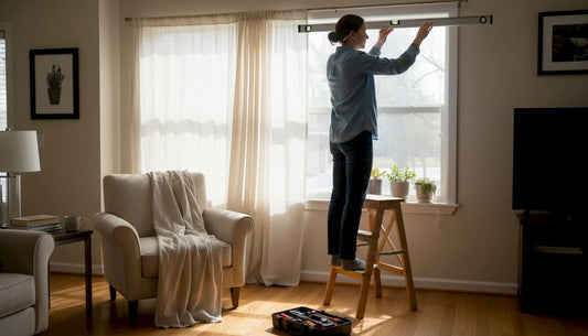 Woman installing window treatment in living room