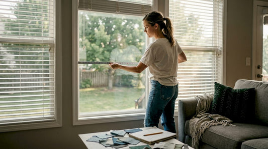 Woman measuring living room window for custom drapes