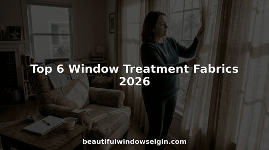 Woman adjusting layered window treatment fabrics in natural light