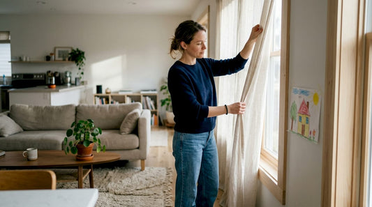 Woman adjusting linen curtains in sunlit living room
